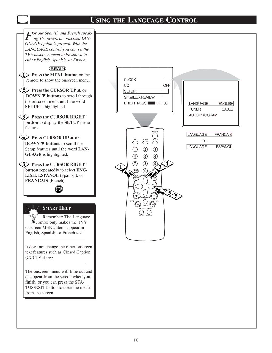 Philips PR1319C1 Using the Language Control, Press the Cursor Right button to display the Setup menu, Francais French 