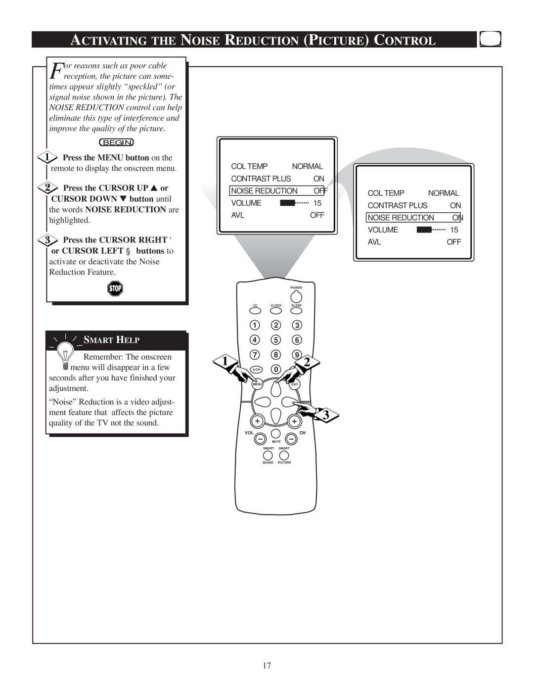 Philips PR1319C1 manual Activating the Noise Reduction Picture Control, Or Cursor Left buttons to 