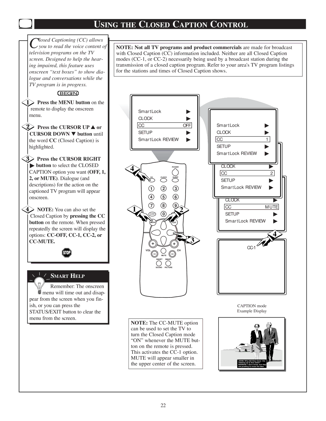 Philips PR1319C1 manual Using the Closed Caption Control, Press the Cursor UP or Cursor Down button until 