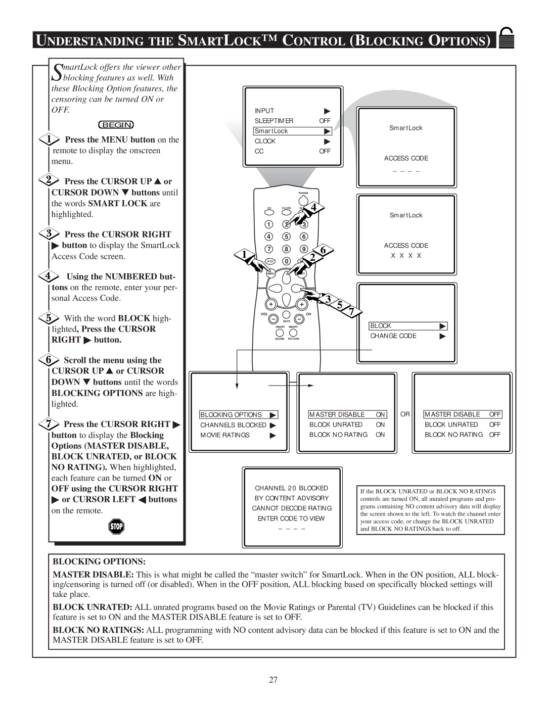 Philips PR1319C1 manual Understanding the Smartlock C Ontrol Blocking Options, Using the Numbered but 