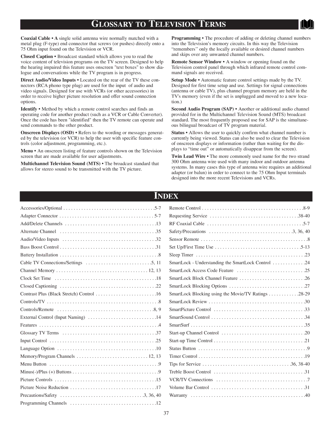 Philips PR1319C1 manual Glossary to Television Terms, Index 