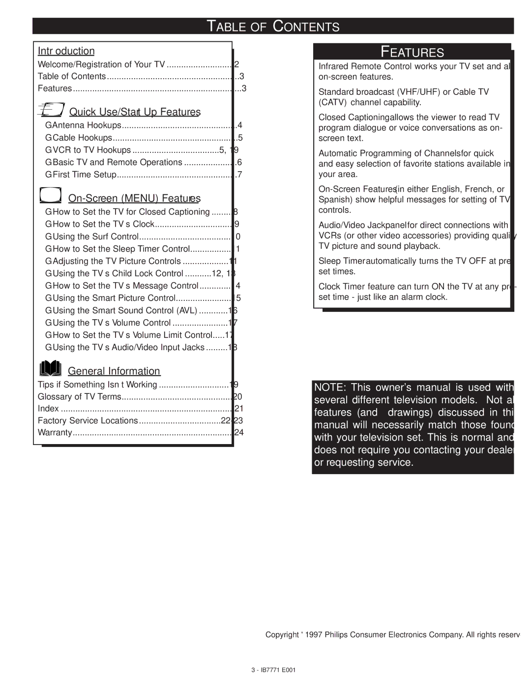 Philips PR1388B warranty Table of Contents, Features, Standard broadcast VHF/UHF or Cable TV 