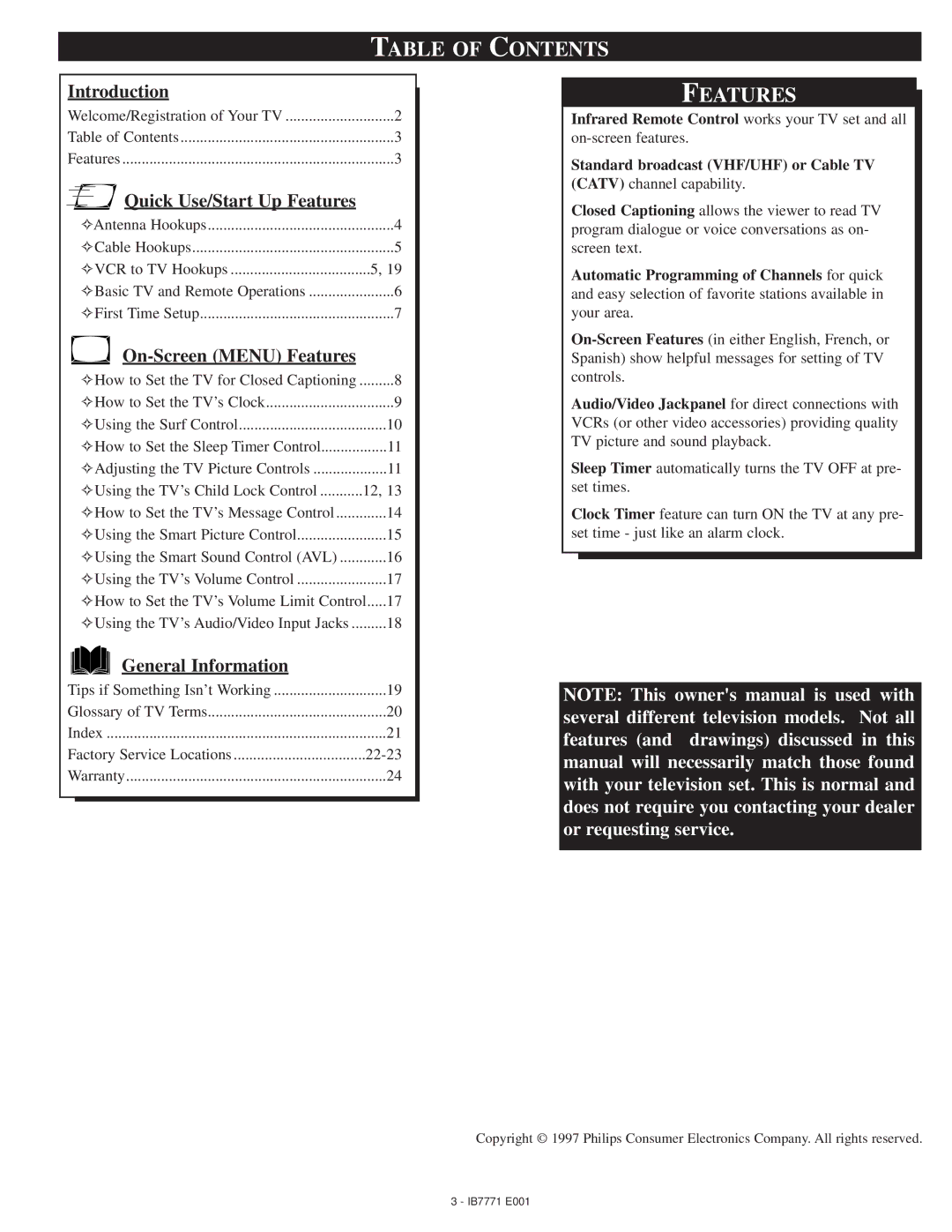 Philips 1-IB7771 E001, PR1389X warranty Table of Contents, Features, Standard broadcast VHF/UHF or Cable TV 