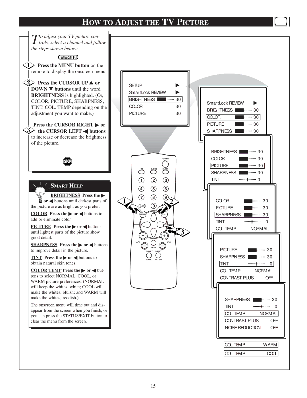 Philips PR1390C1 HOW to Adjust the TV Picture, Press the Menu button on, Press the Cursor Right or, Cursor Left buttons 