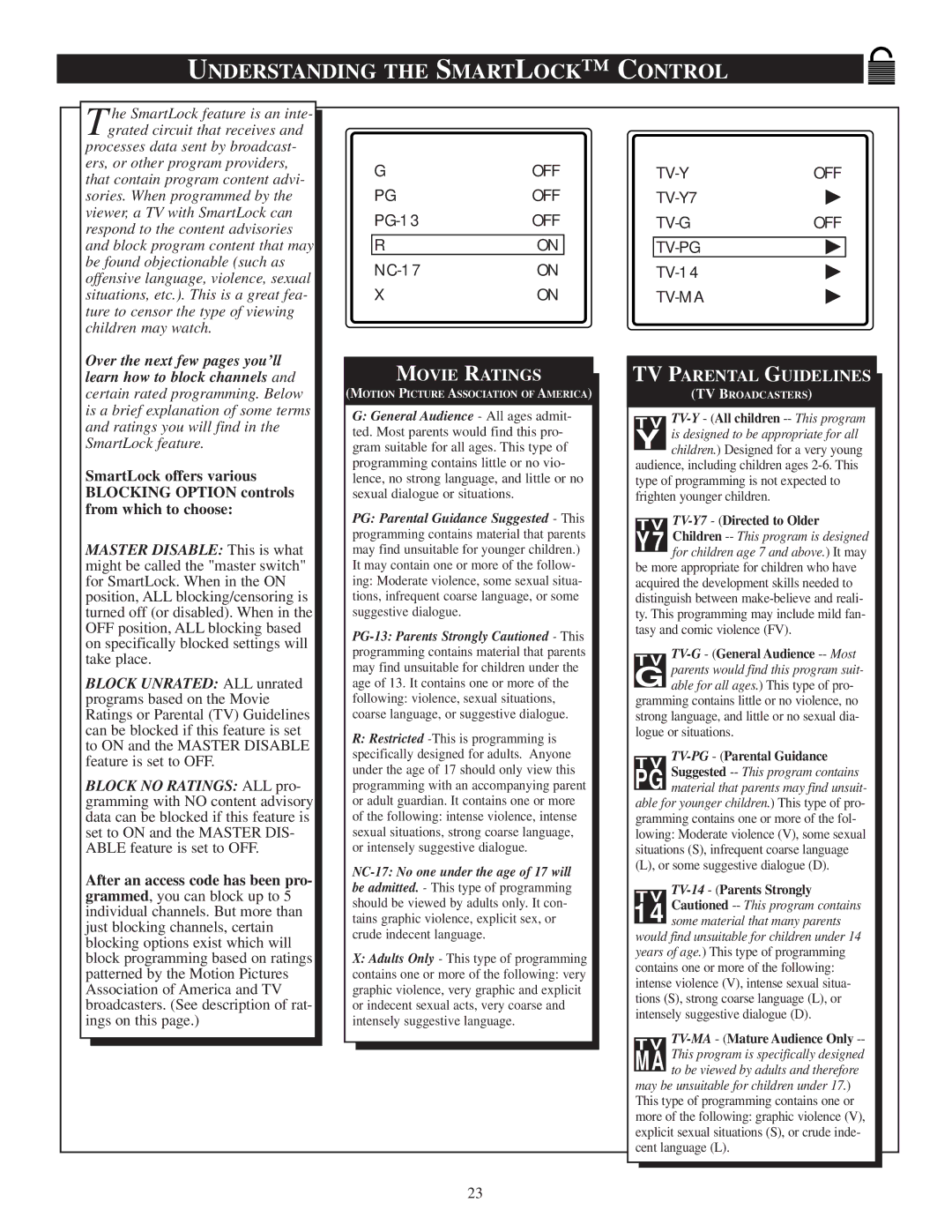 Philips PR1390C1 manual Understanding the Smartlock C Ontrol, Movie Ratings 