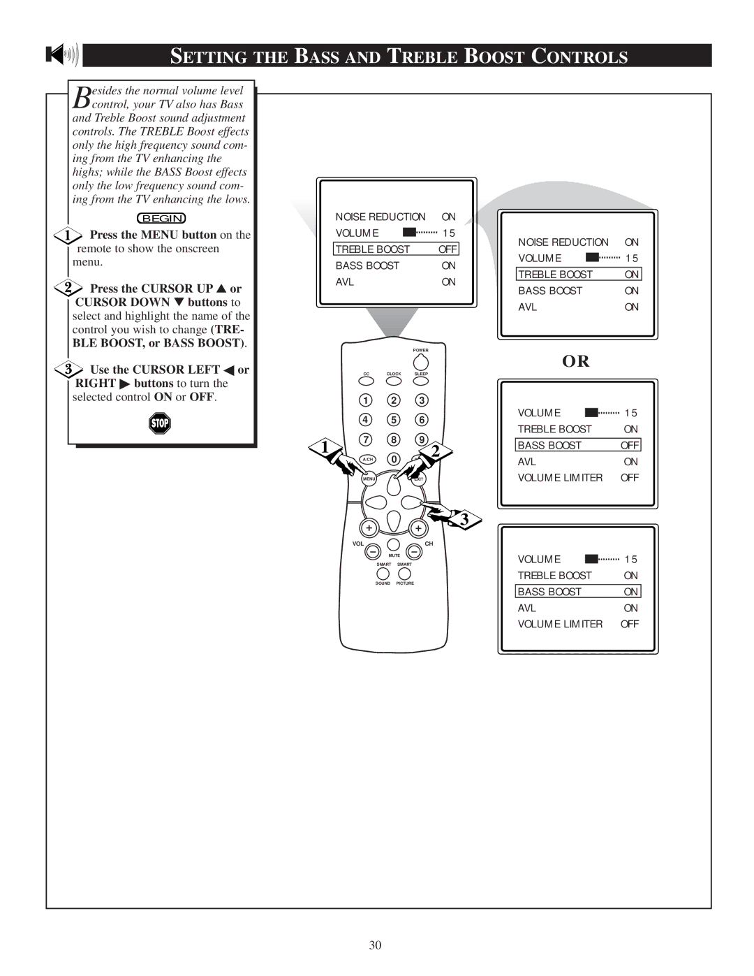 Philips PR1390C1 manual Setting the Bass and Treble Boost Controls 