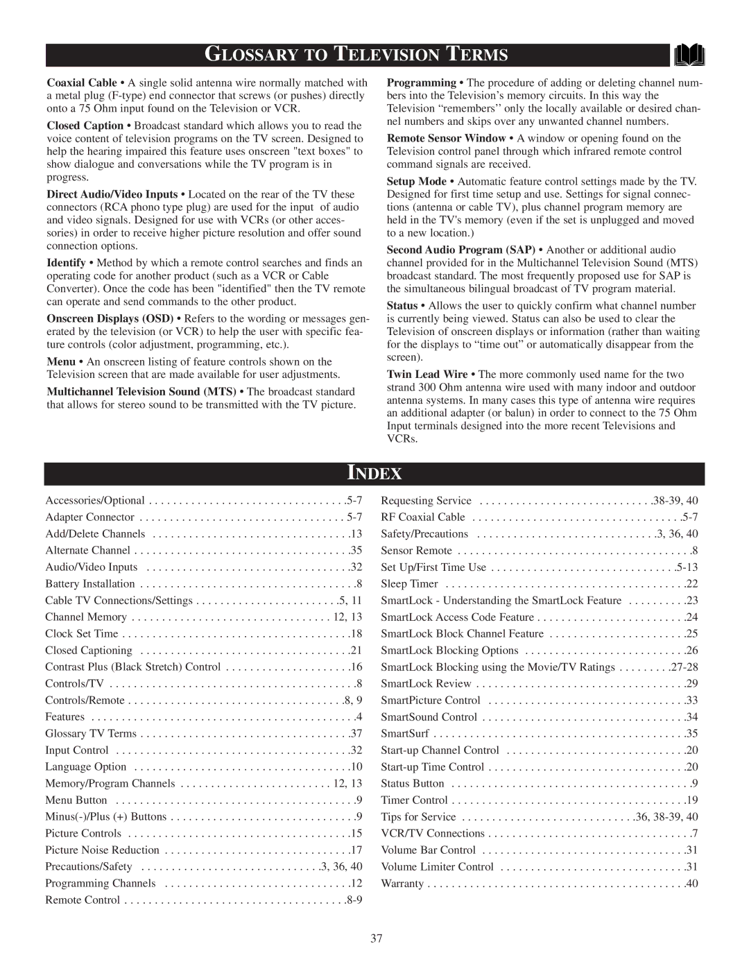 Philips PR1390C1 manual Glossary to Television Terms, Index 