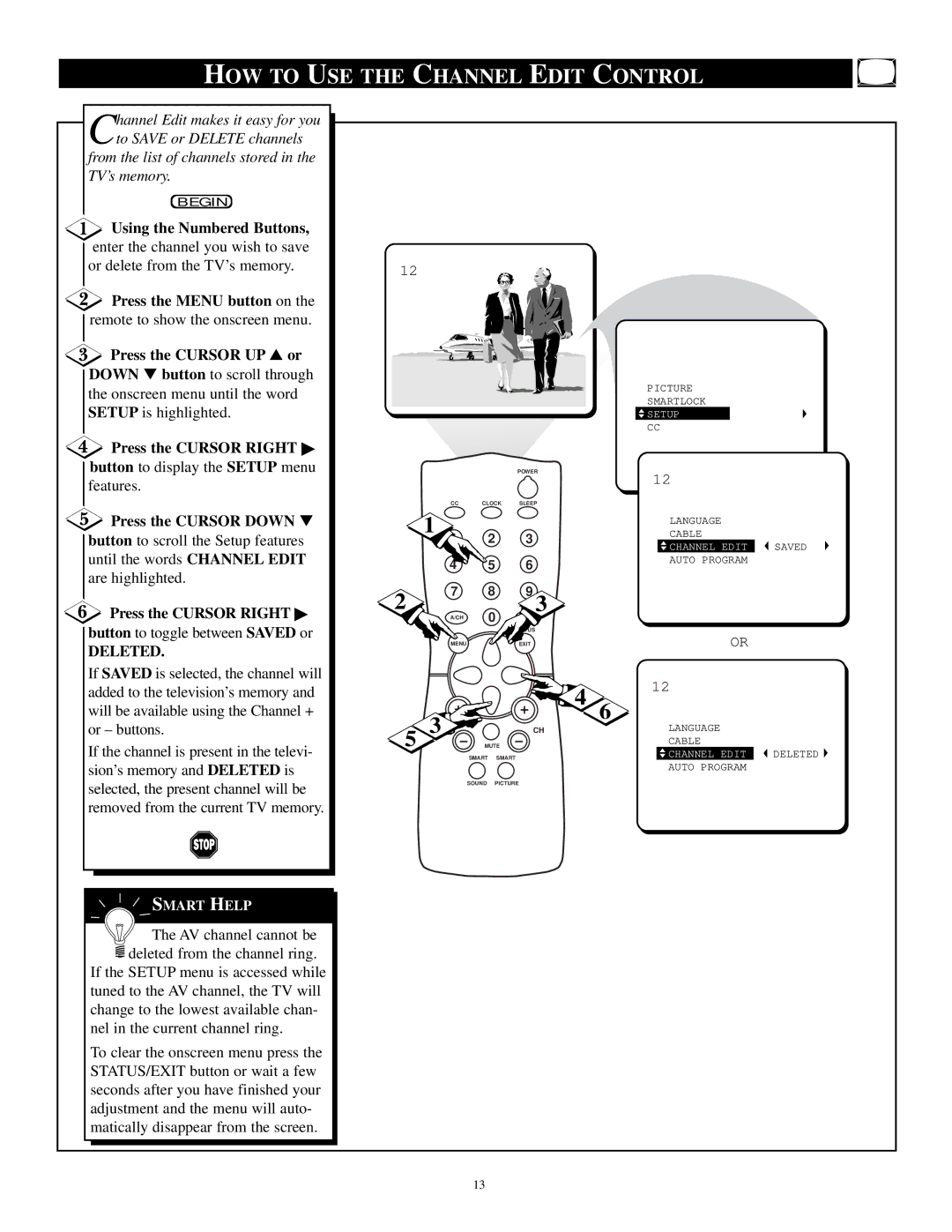 Philips PR1392X1 manual HOW to USE the Channel Edit Control, Using the Numbered Buttons, Press the Cursor Down 