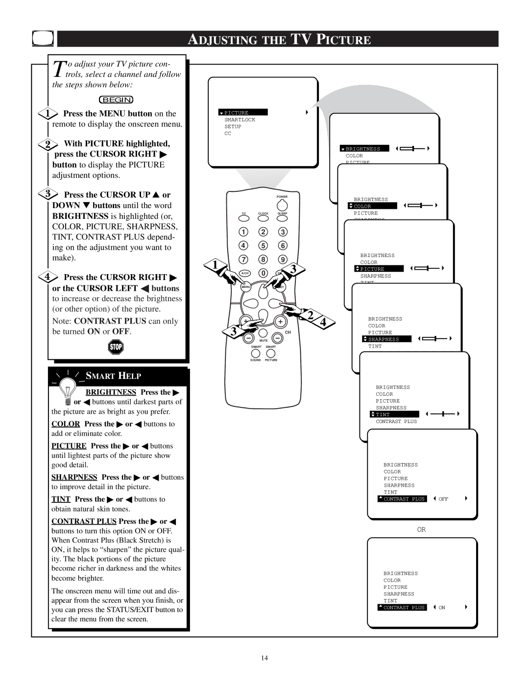 Philips PR1392X1 Adjusting the TV Picture, Press the Menu button on, With Picture highlighted, Press the Cursor UP or 