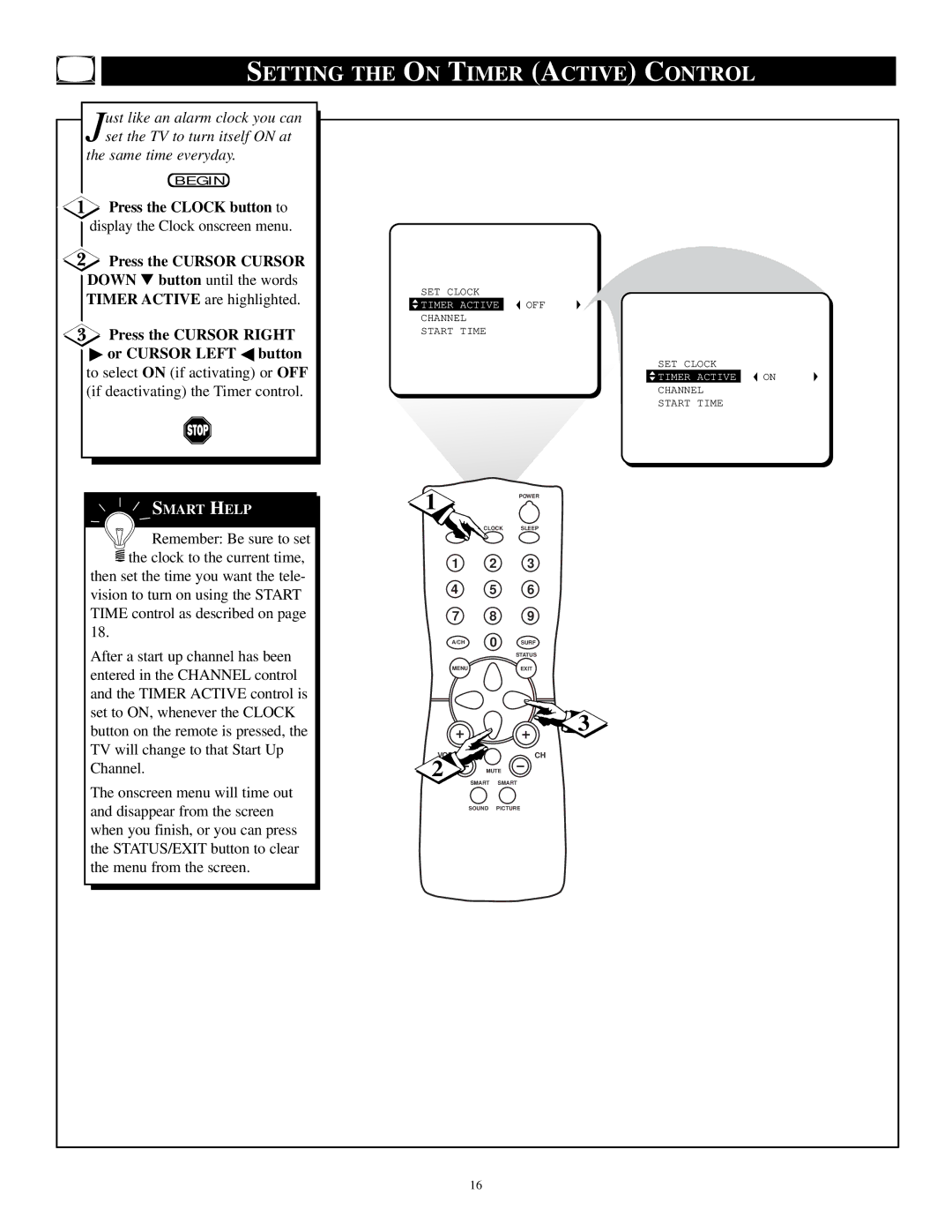 Philips PR1392X1 manual Setting the on Timer Active Control, Press the Clock button to, Press the Cursor Cursor 