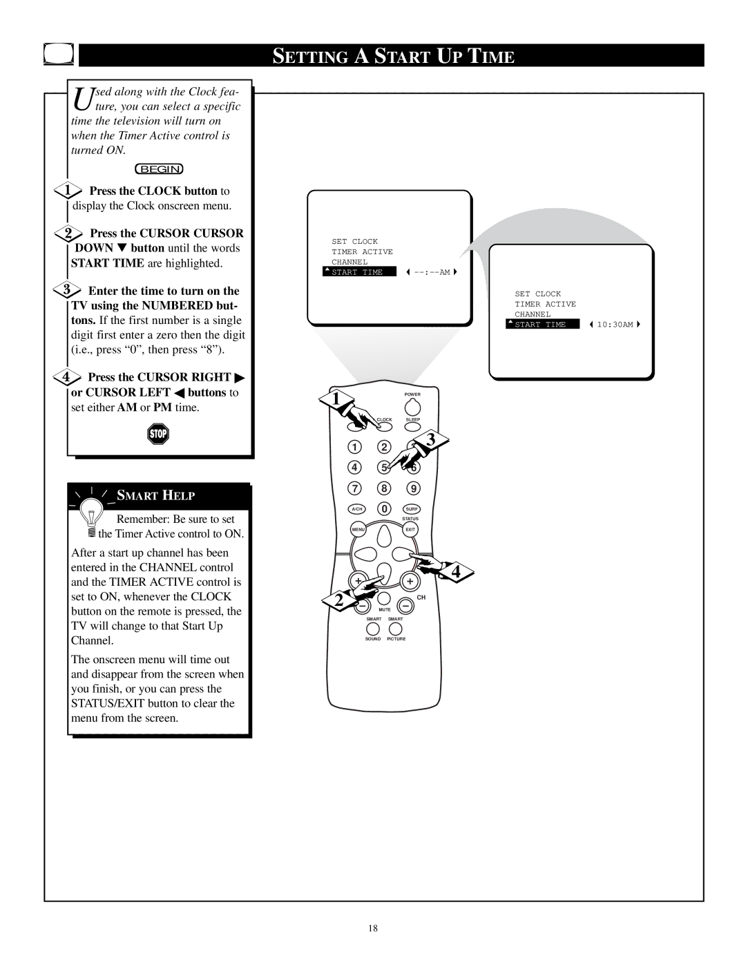 Philips PR1392X1 manual Setting a Start UP Time, Enter the time to turn on, TV using the Numbered but 