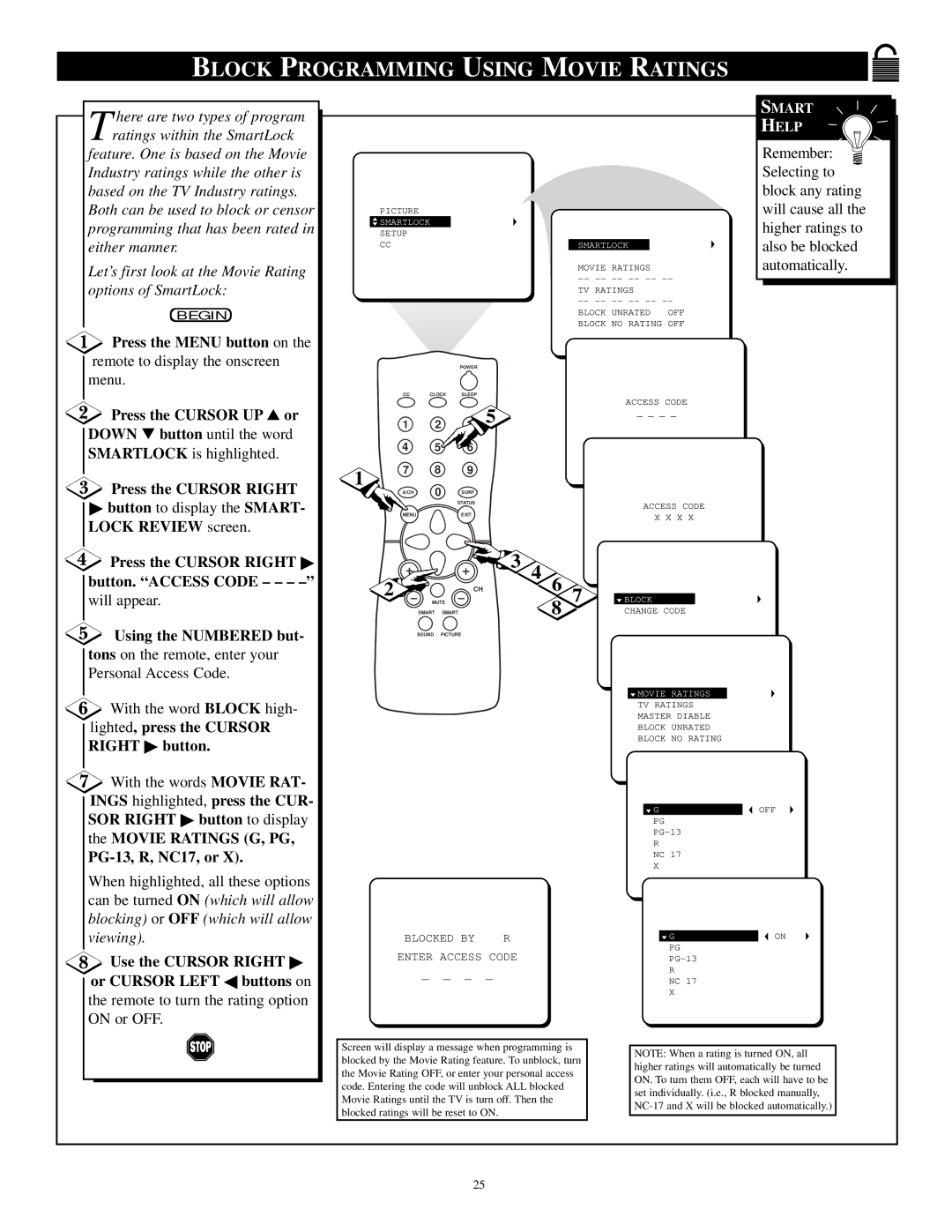Philips PR1392X1 Block Programming Using Movie Ratings, Press the Cursor Right button. Access Code, PG-13, R, NC17, or 