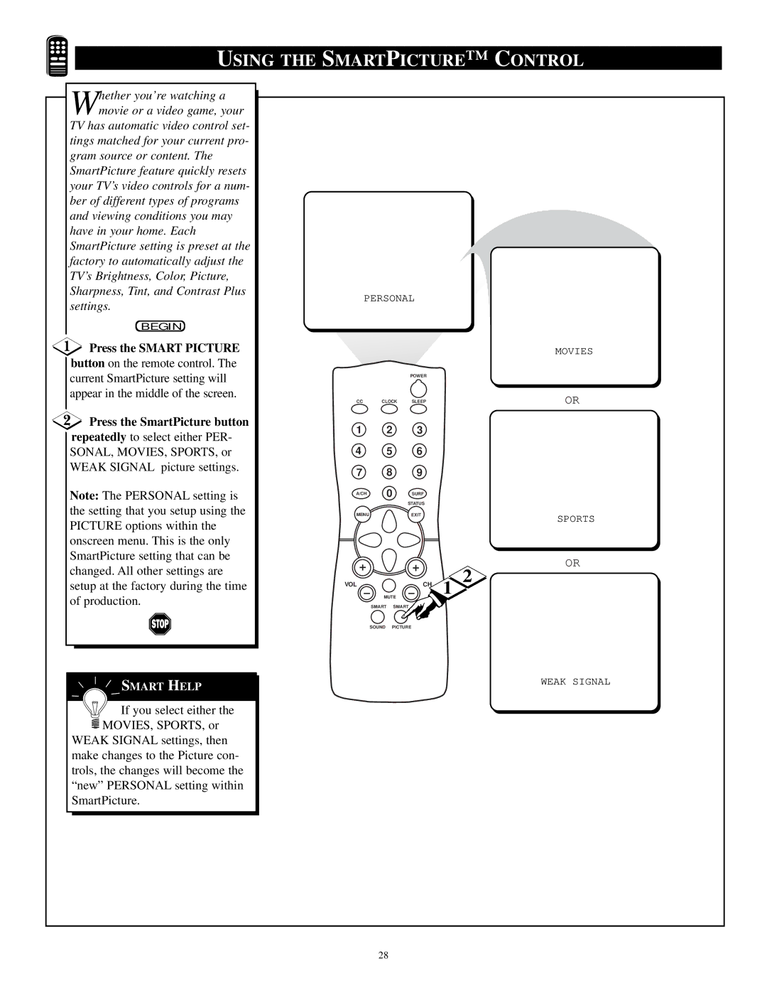 Philips PR1392X1 manual Using the Smart Picture Control, Press the Smart Picture, Press the SmartPicture button 