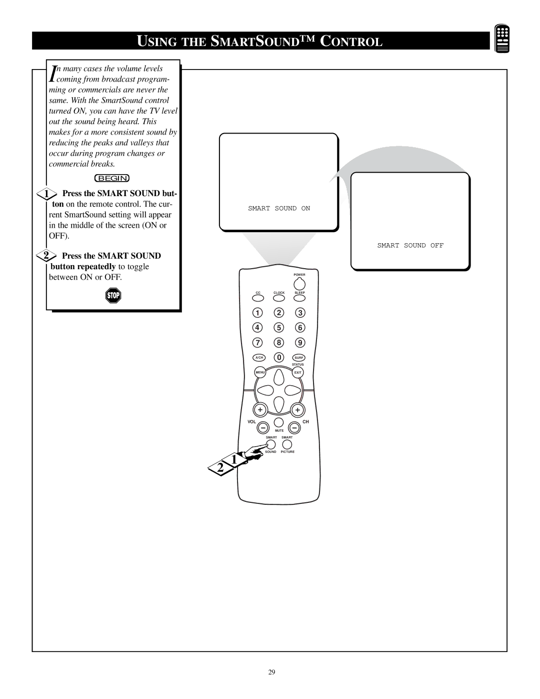 Philips PR1392X1 manual Using the Smart Sound Control, Press the Smart Sound but 