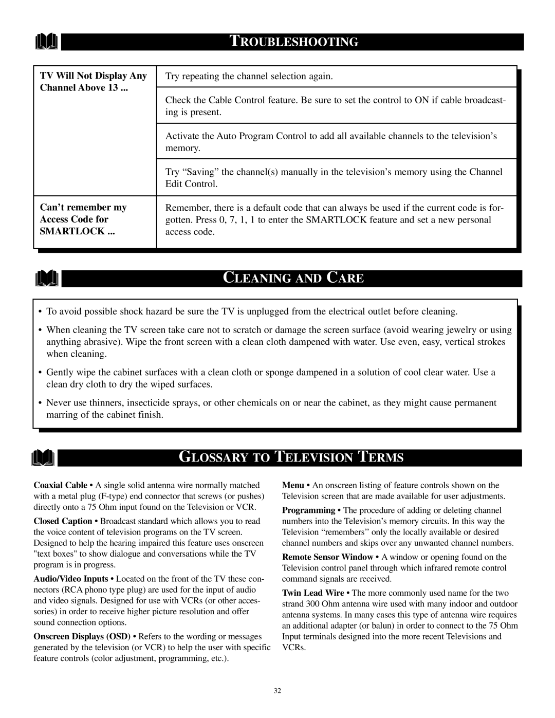 Philips PR1392X1 manual Cleaning and Care, Glossary to Television Terms 