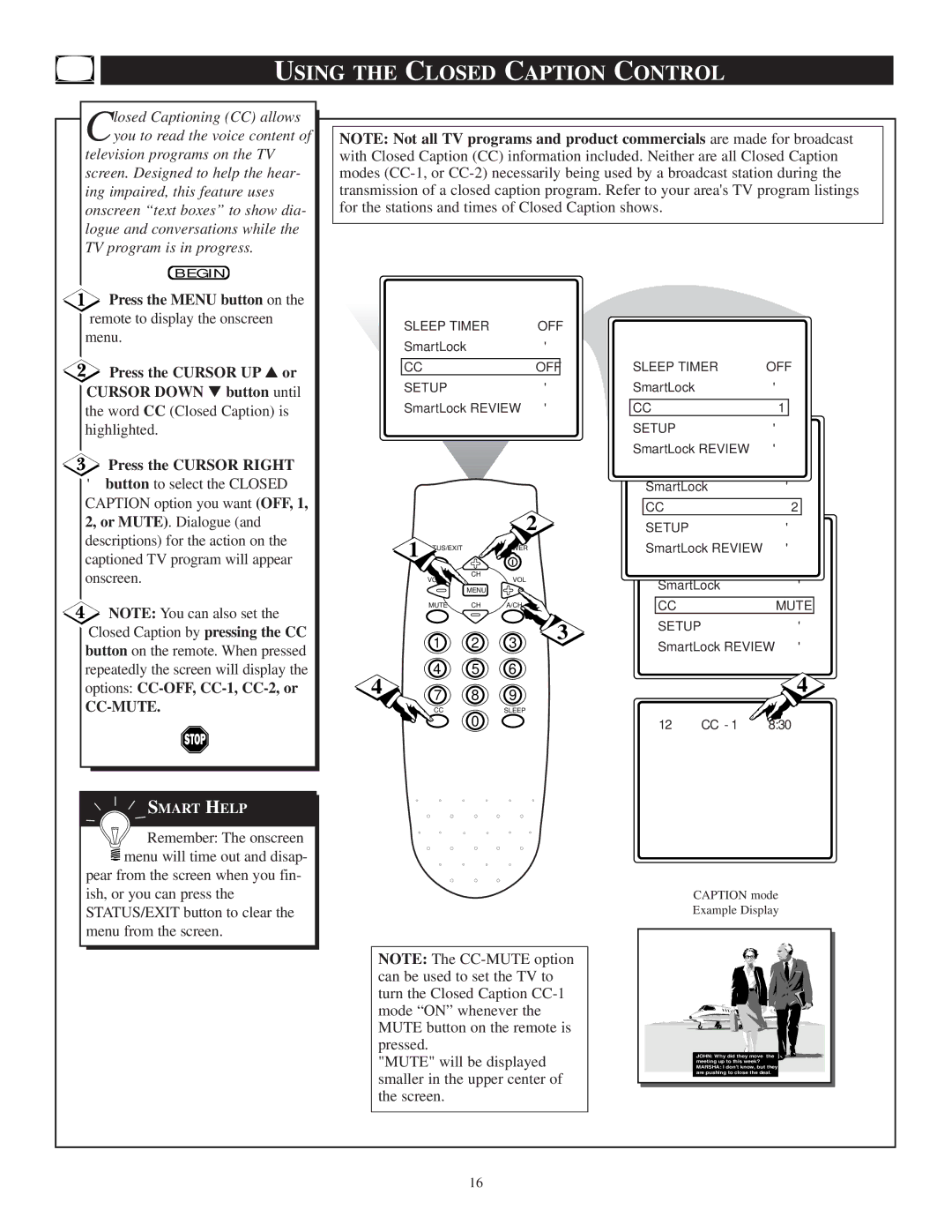 Philips PR1903C1 manual Using the Closed Caption Control, Press the Cursor UP or Cursor Down button until 