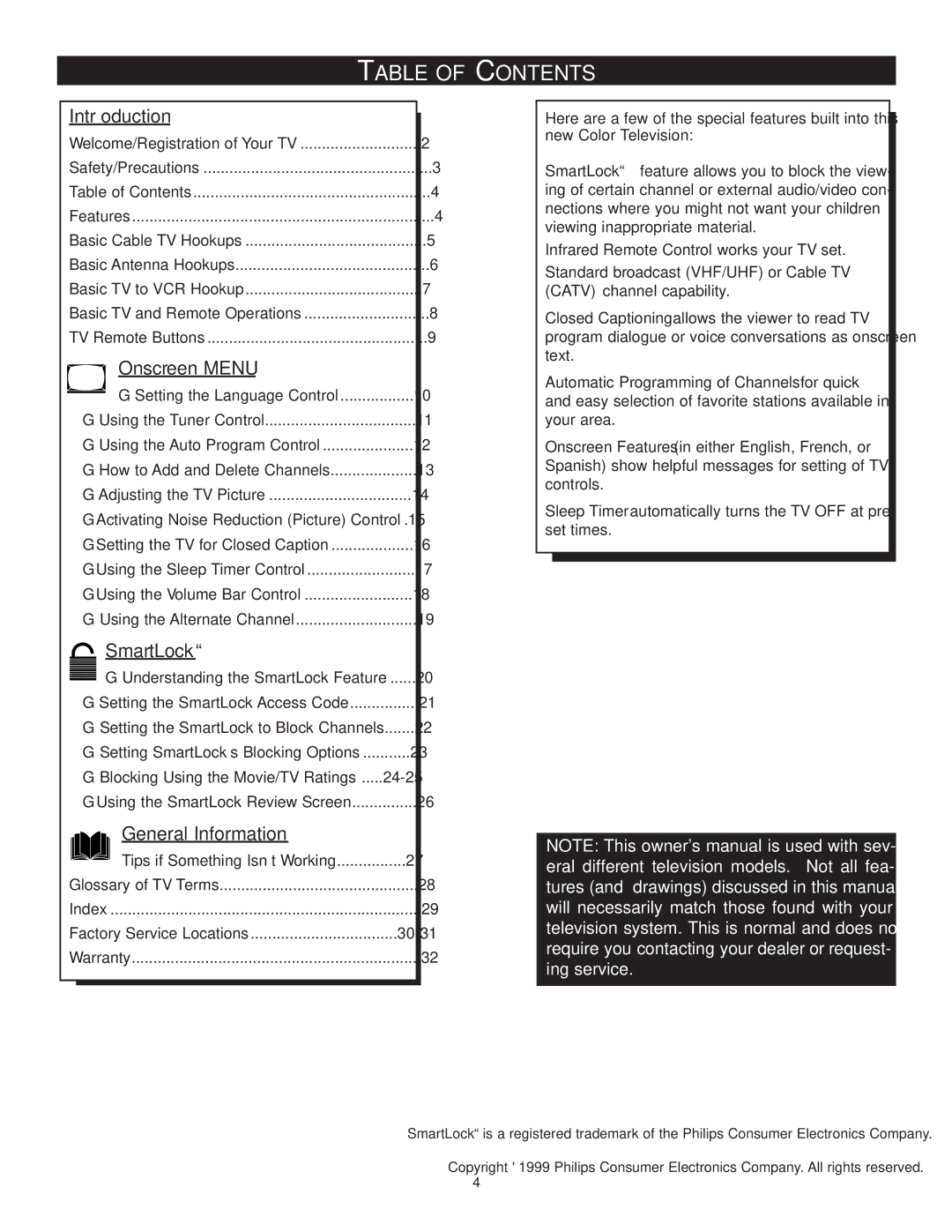 Philips PR1903C1 manual Table of Contents 