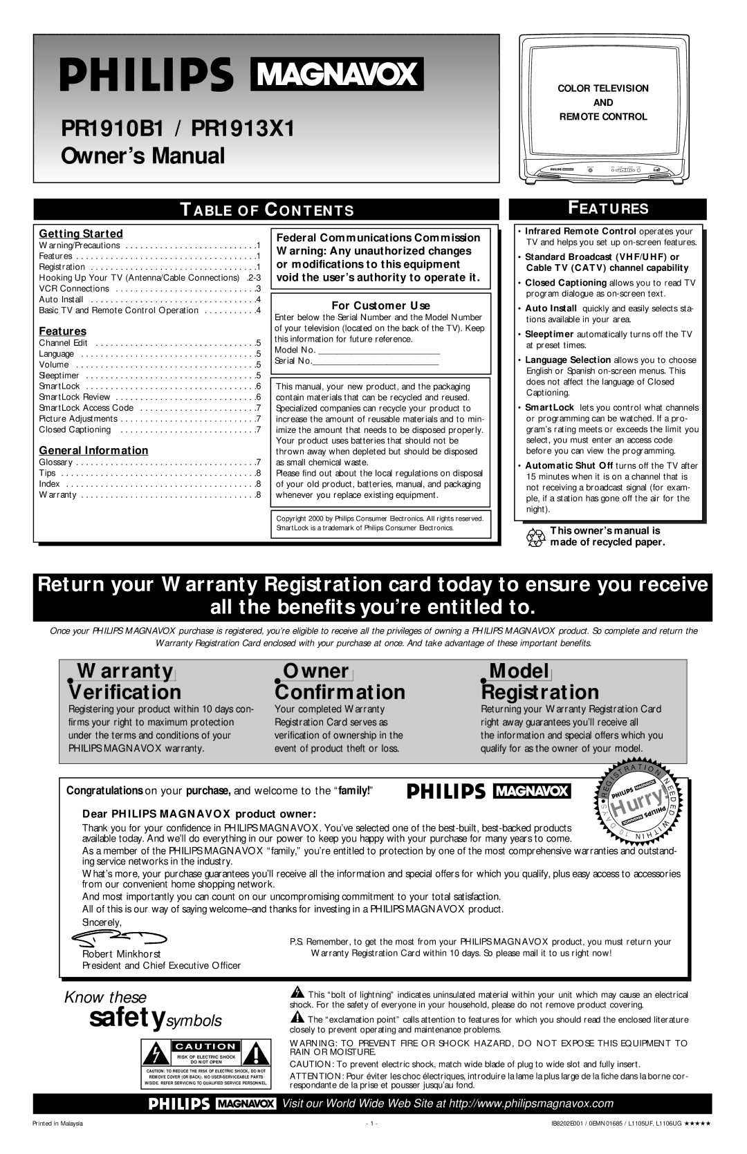 Philips PR1913X1, PR1910B1 warranty Table of Contents, Features 