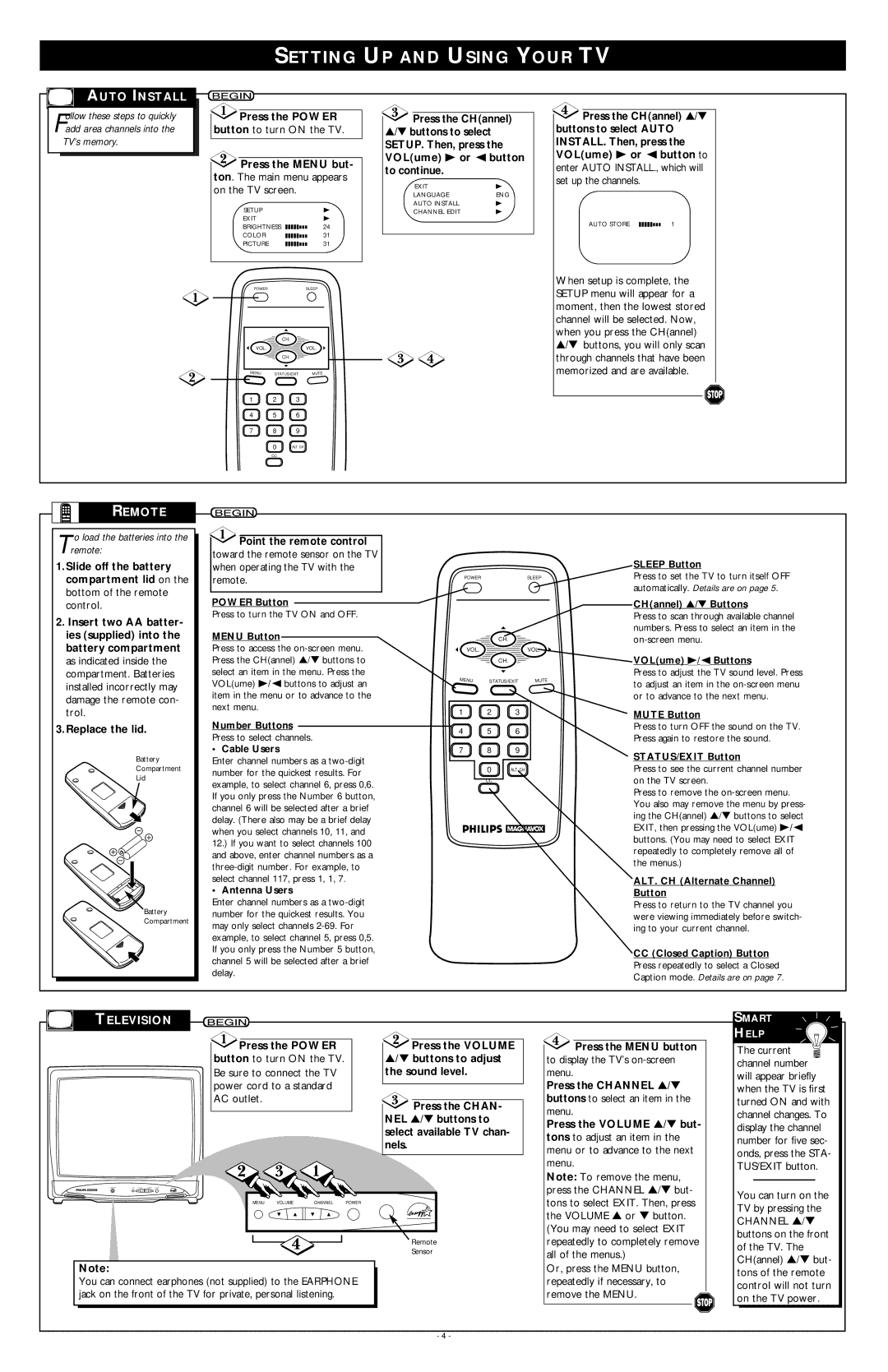 Philips PR1910B1, PR1913X1 warranty Setting UP and Using Your TV, Auto Install, Remote, Television 