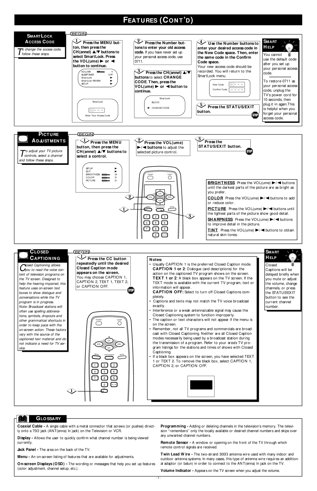 Philips PR1913X1, PR1910B1 warranty Picture Adjustments, Closed Captioning, Glossary, Follow these steps 