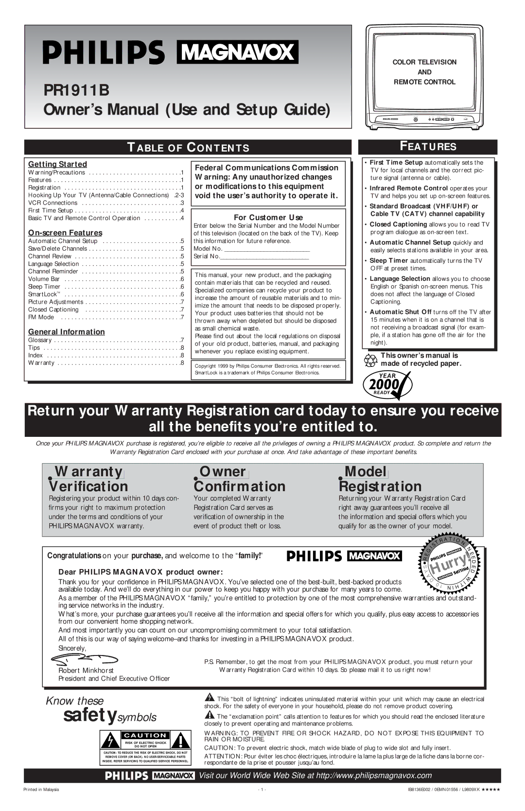 Philips PR1911B warranty Table of Contents, Features 