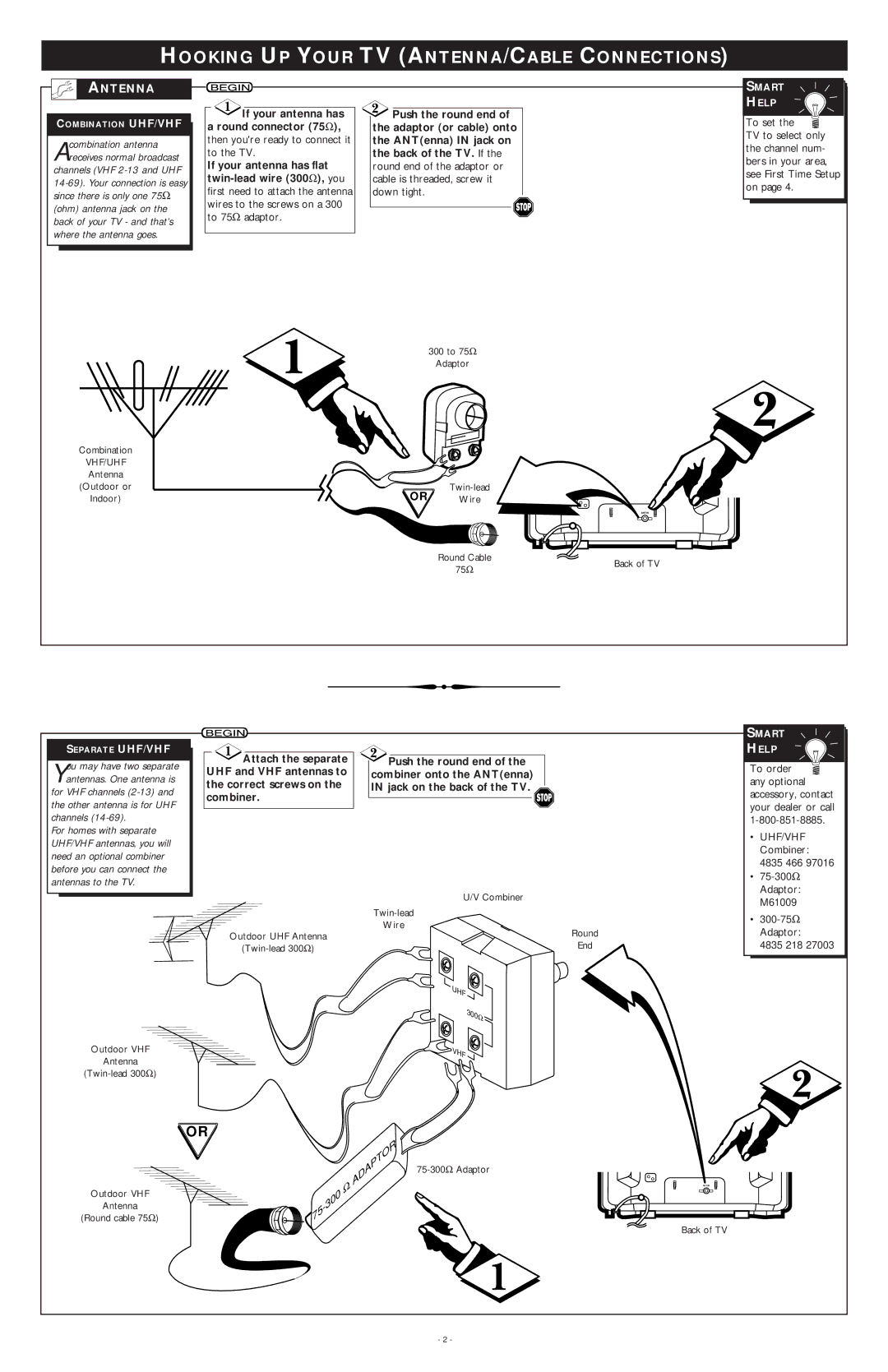 Philips PR1911B warranty Hooking UP Your TV ANTENNA/CABLE Connections, Antenna, 300-75 Ω, Adaptor, 4835 218 