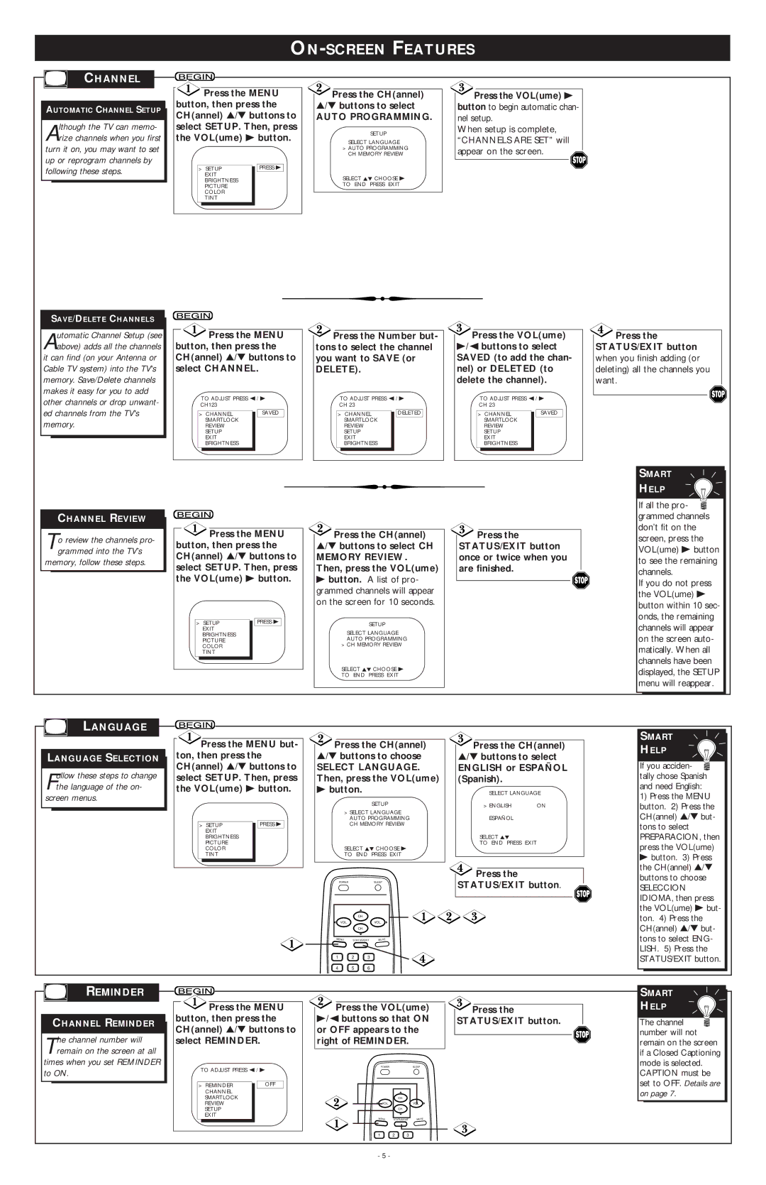 Philips PR1911B warranty ON-SCREEN Features, Channel, Language, Reminder 