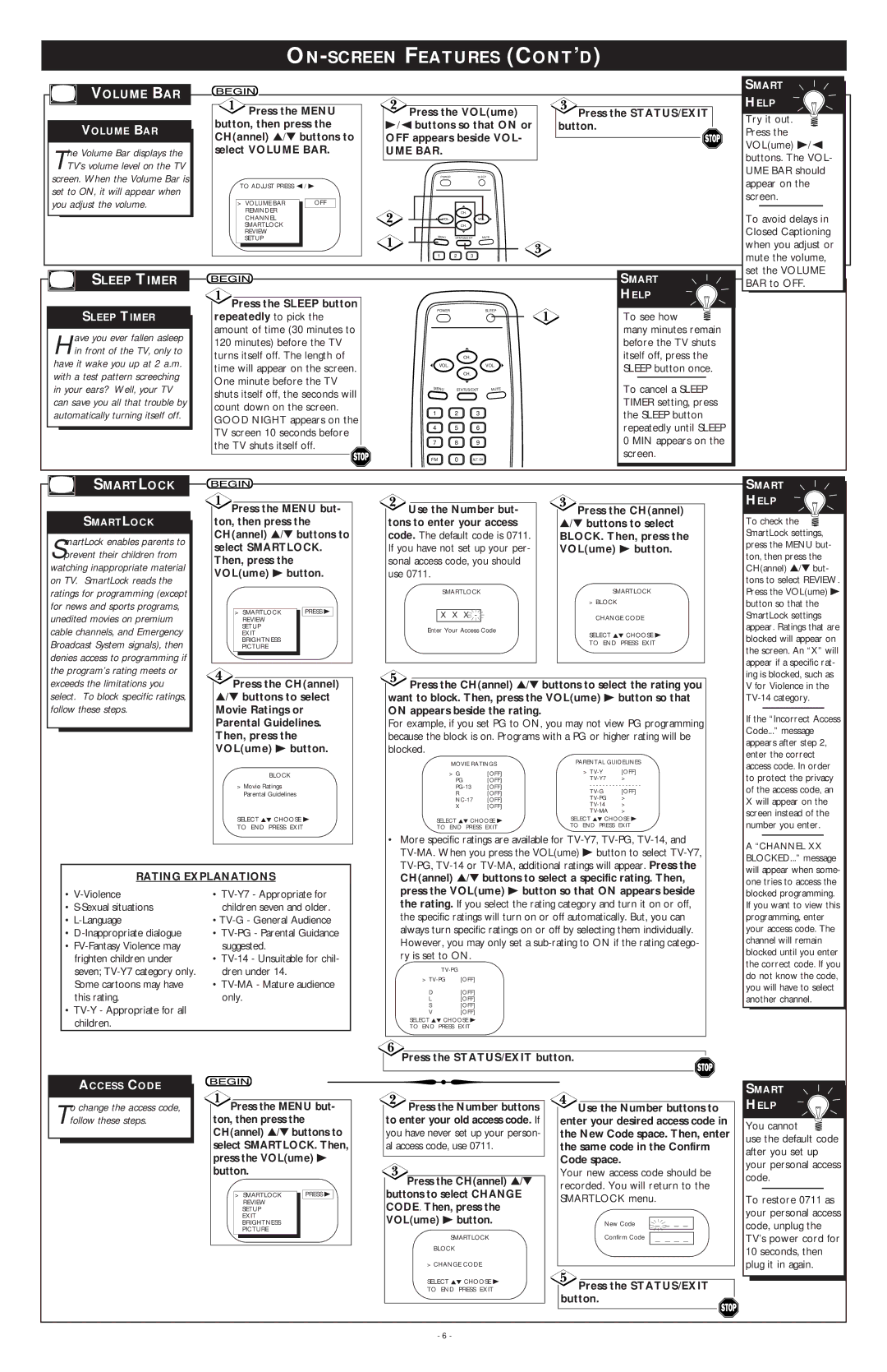 Philips PR1911B warranty ON-SCREEN Features CONT’D, Volume BAR, Sleep Timer, Smartlock 