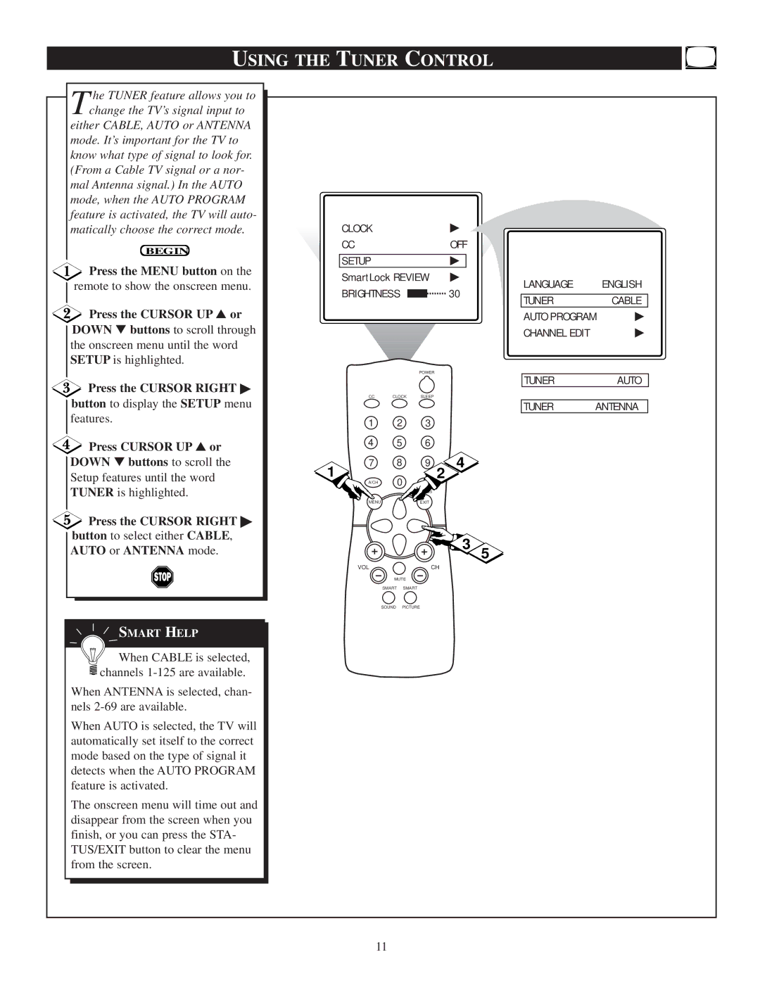 Philips PR1920C6 manual Press the Menu button on, Press the Cursor UP or, Press the Cursor Right, Auto or Antenna mode 