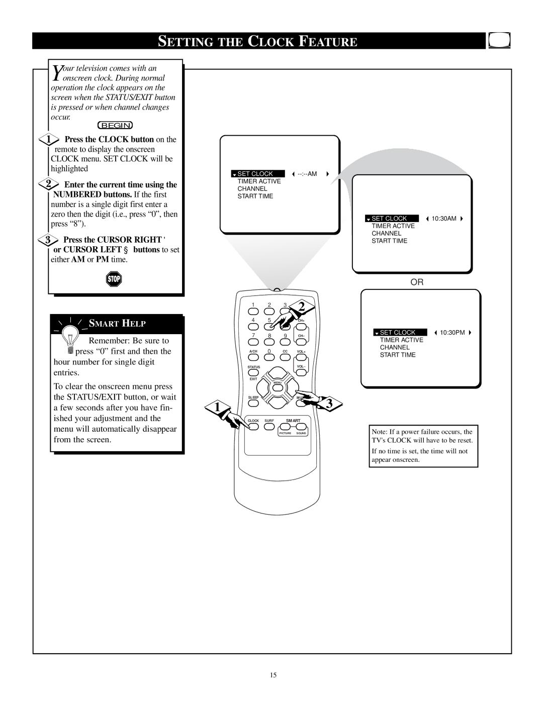 Philips PR1921C1 manual Setting the Clock Feature, Press the Clock button on the remote to display the onscreen 