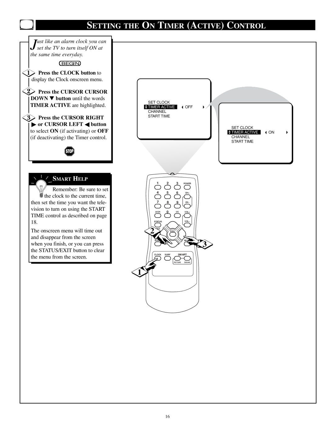 Philips PR1921C1 manual Setting the on Timer Active Control, Press the Clock button to, Press the Cursor Cursor 