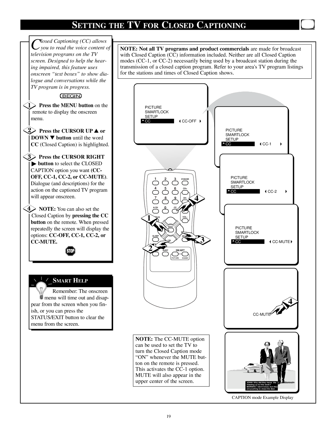 Philips PR1921C1 manual Setting the TV for Closed Captioning, Cc-Mute 