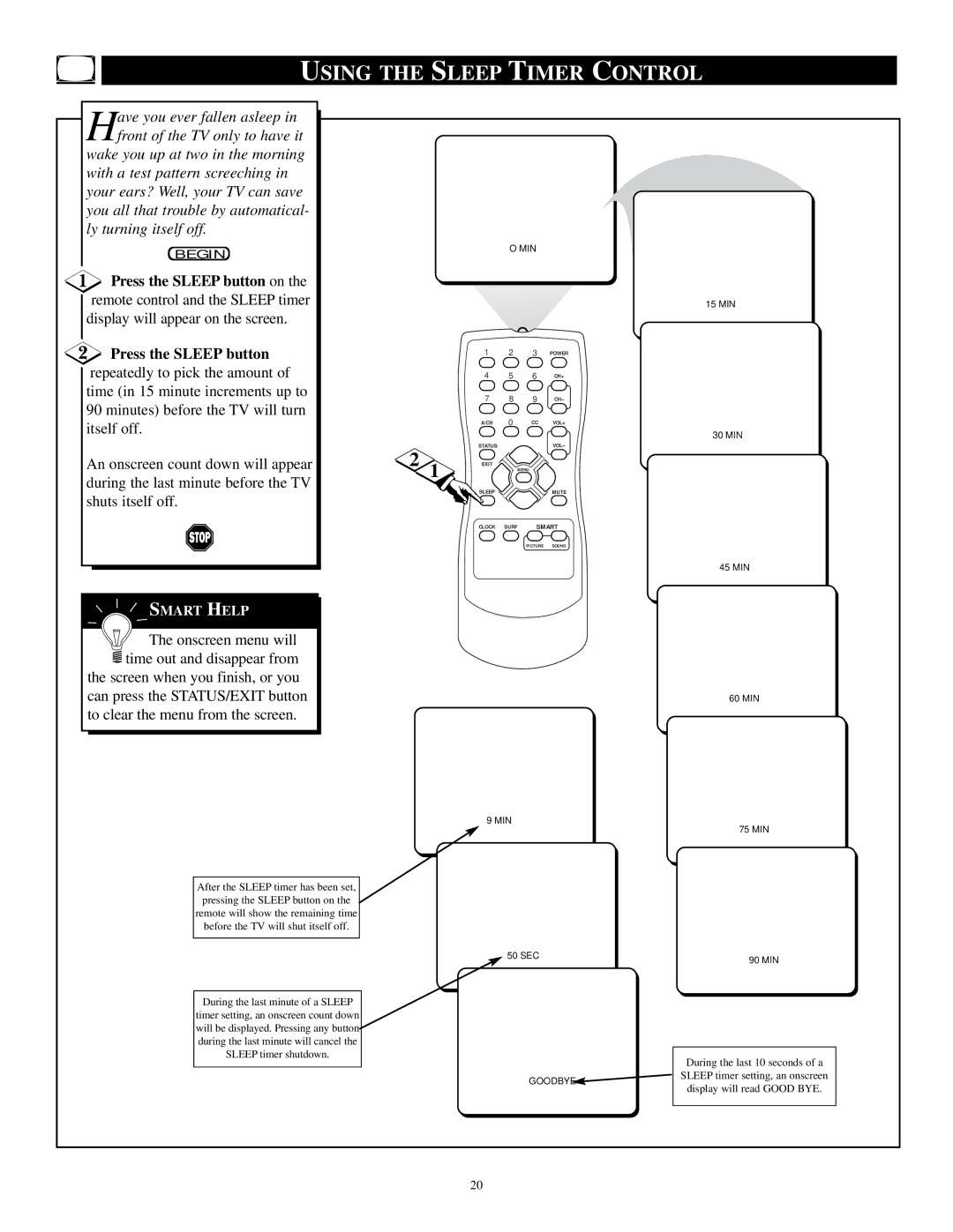 Philips PR1921C1 manual Using the Sleep Timer Control, Min 