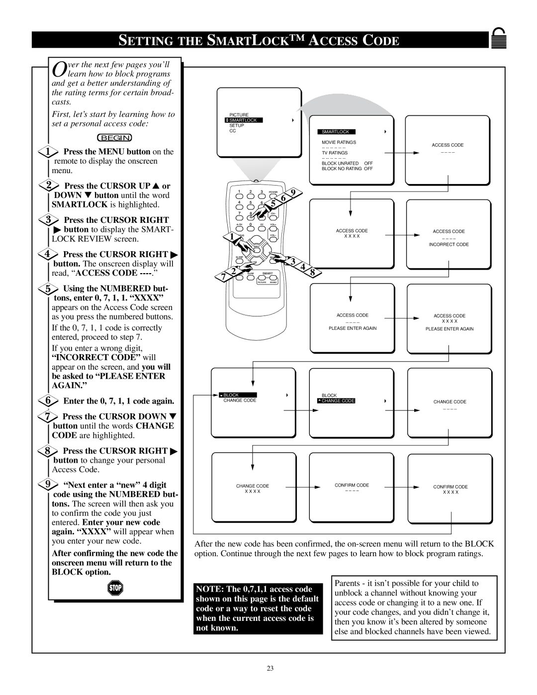 Philips PR1921C1 manual Setting the Smartlock Access Code, Block Unrated OFF Block no Rating OFF 