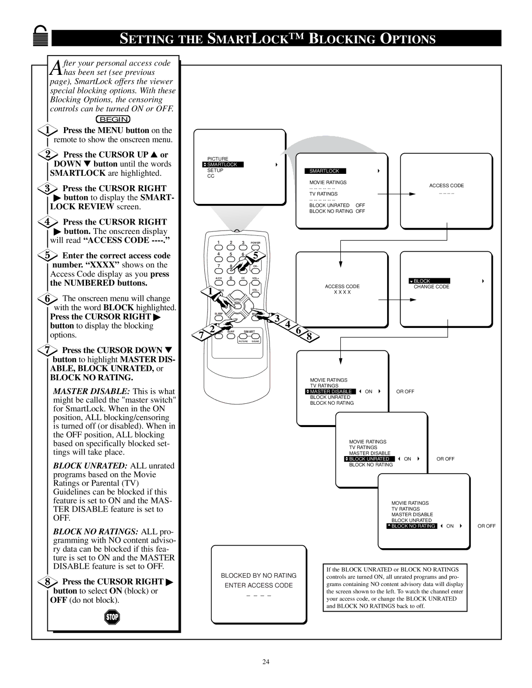 Philips PR1921C1 manual Setting the Smartlock Blocking Options, Press the Cursor UP or Down button until the words 