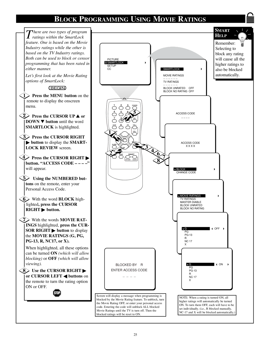 Philips PR1921C1 Block Programming Using Movie Ratings, Press the Cursor Right button. Access Code, PG-13, R, NC17, or 