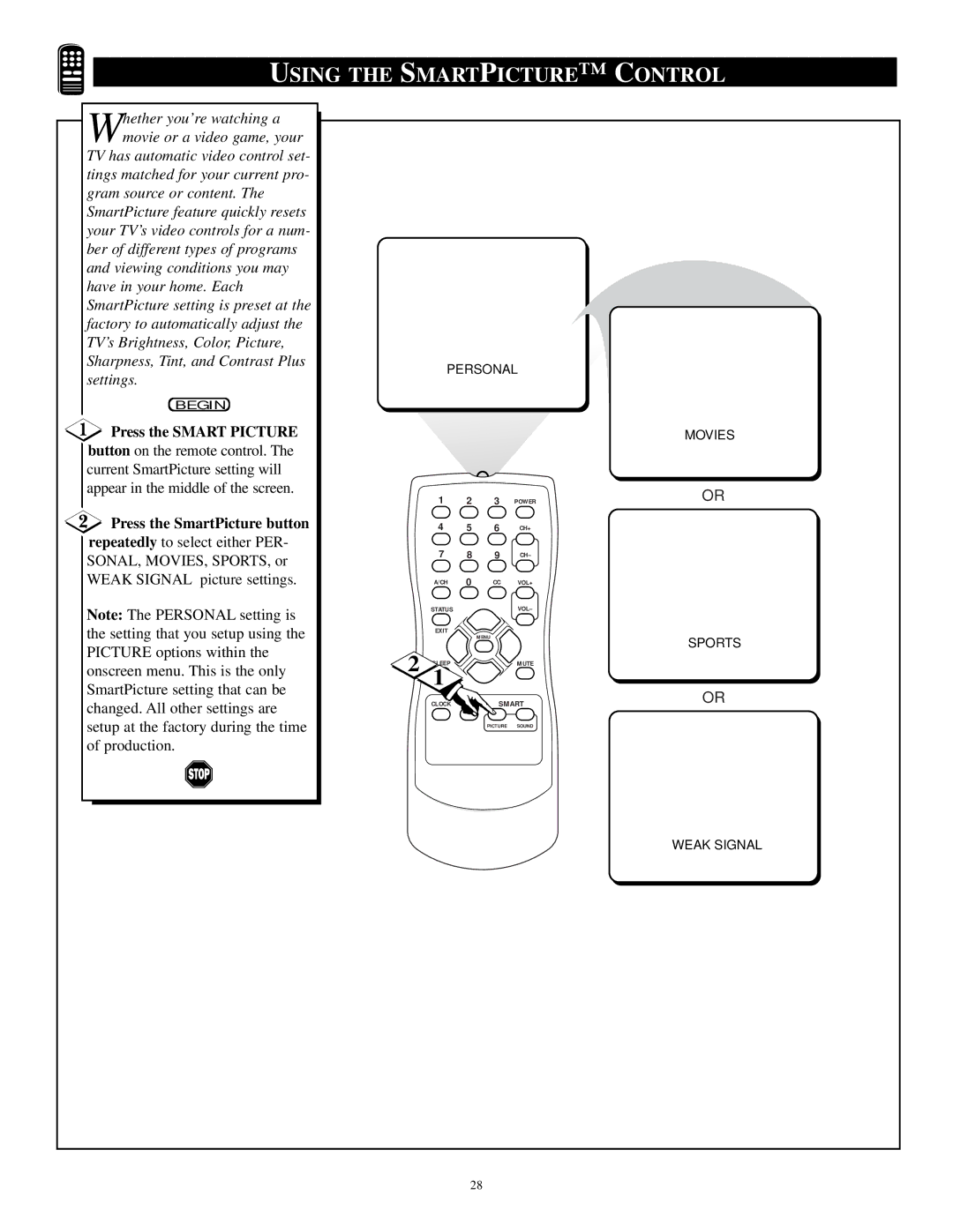 Philips PR1921C1 manual Using the Smart Picture Control, Press the Smart Picture, Press the SmartPicture button 