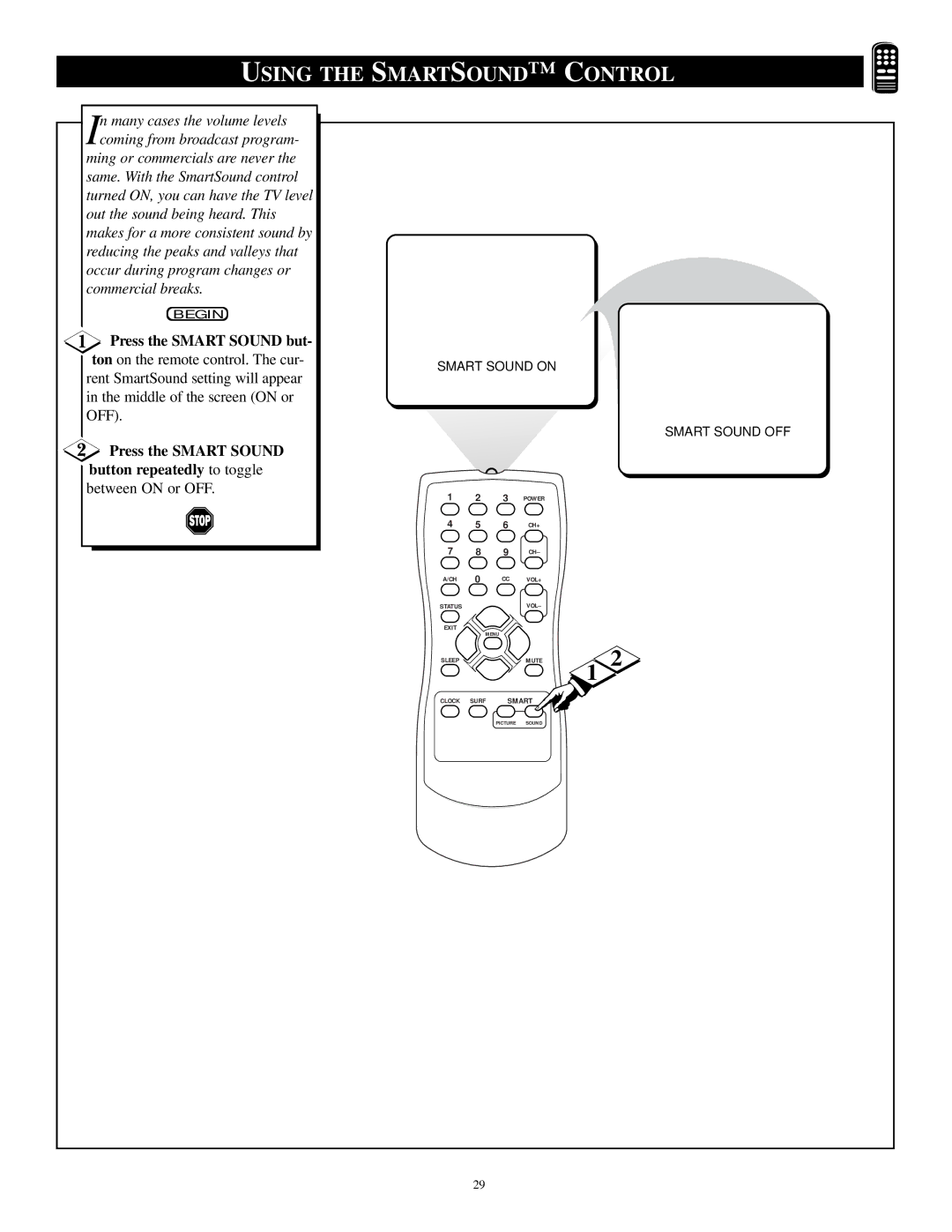 Philips PR1921C1 manual Using the Smart Sound Control, Press the Smart Sound but 