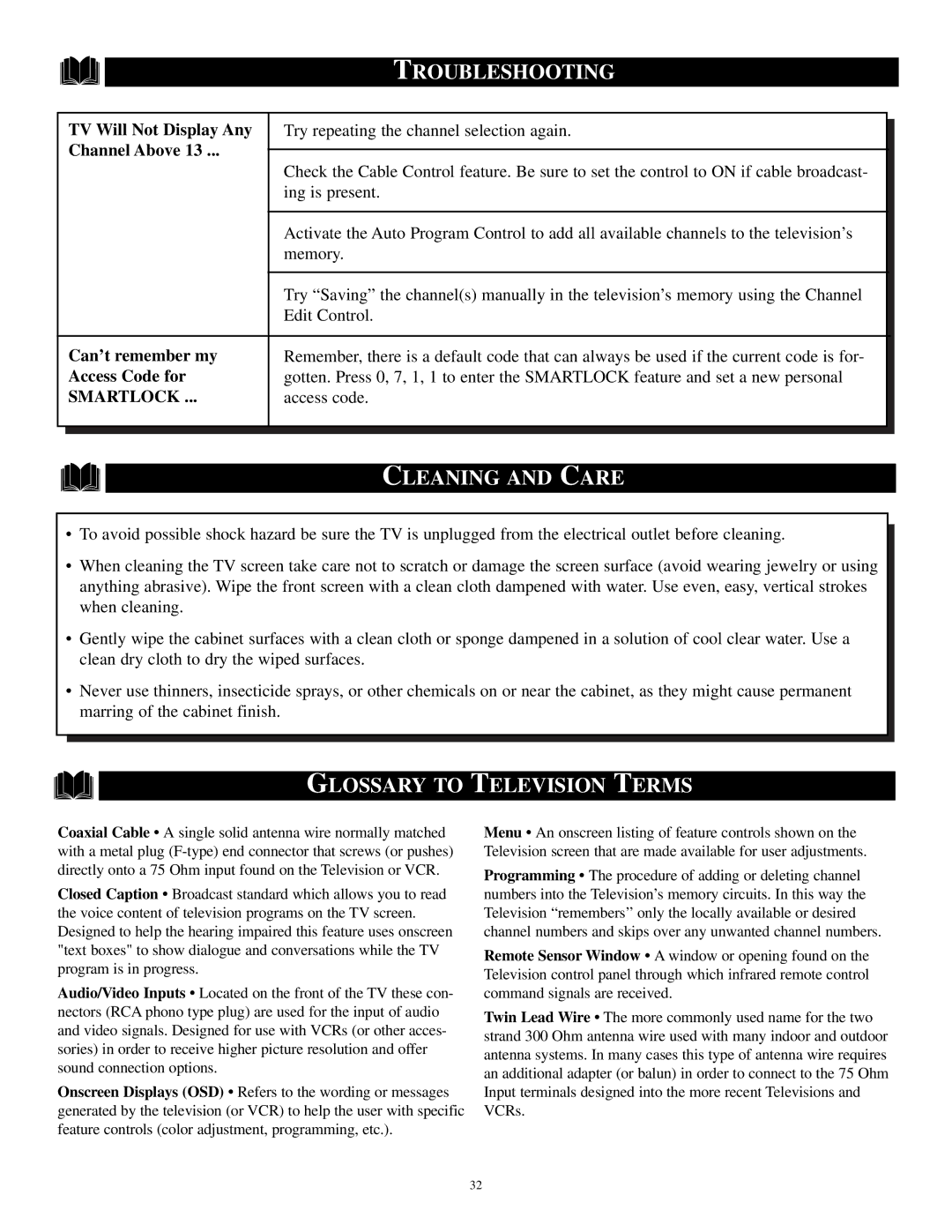 Philips PR1921C1 manual Cleaning and Care, Glossary to Television Terms 