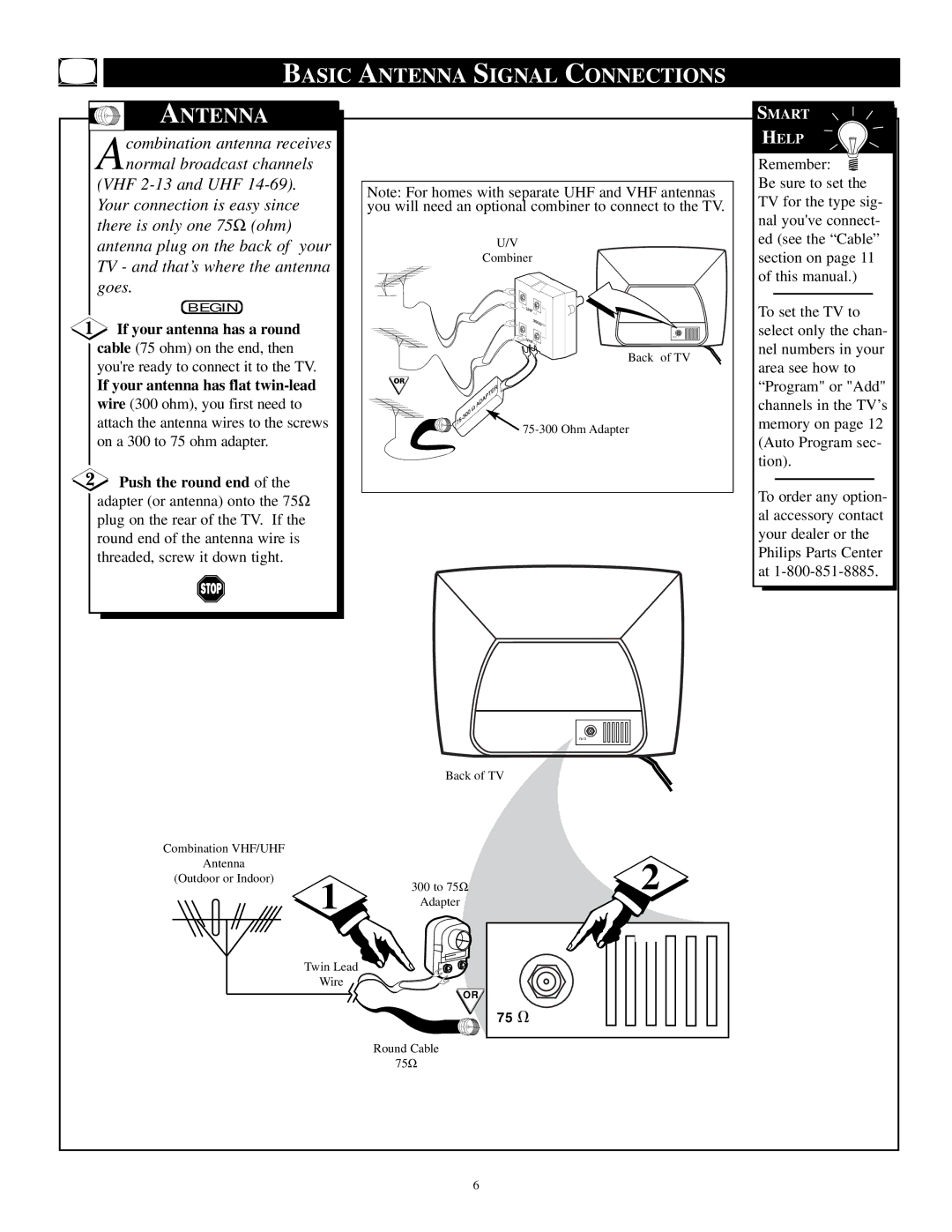 Philips PR1921C1 manual Basic Antenna Signal Connections, If your antenna has a round, If your antenna has flat twin-lead 