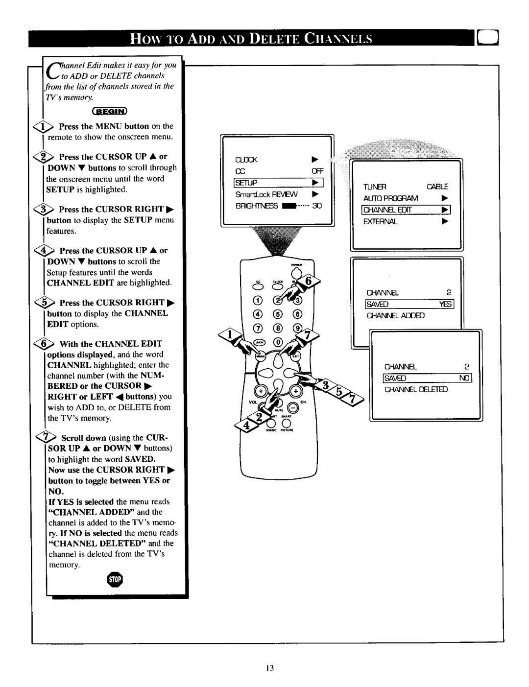 Philips PRI39IXI manual Press the Cursor Right button to display the Setup menu, Channel is deleted from the TVs 