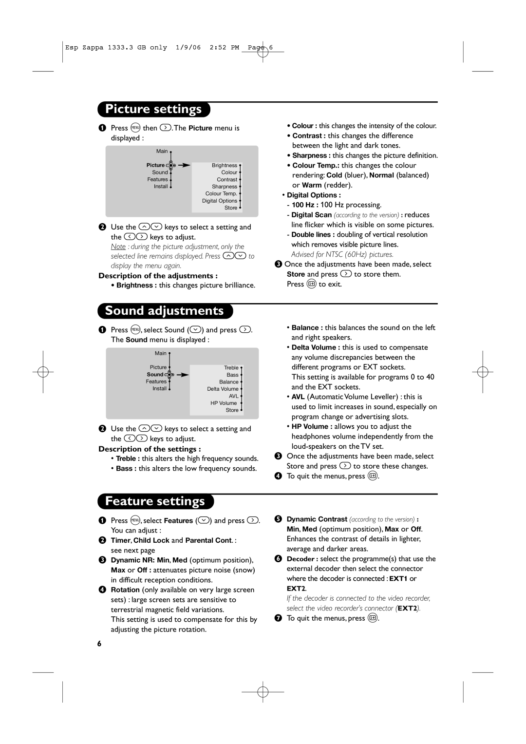 Philips PRI685CV, PRI665CV manual Picture settings, Sound adjustments, Feature settings, Description of the adjustments 