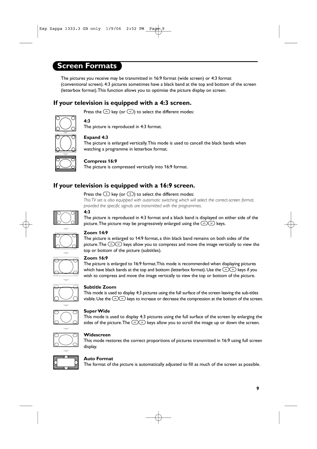 Philips PRI685CV, PRI665CV, PRI85SUBCV manual Screen Formats, If your television is equipped with a 43 screen 