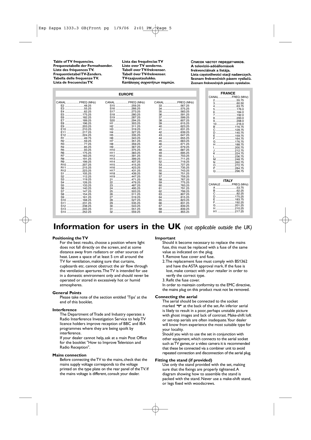 Philips PRI85SUBCV, PRI665CV Positioning the TV, General Points, Interference, Mains connection, Connecting the aerial 