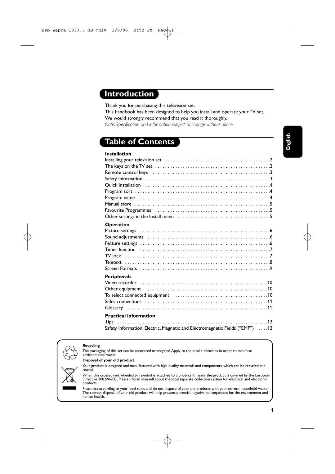 Philips PRI85SUBCV, PRI665CV, PRI685CV manual Introduction, Table of Contents 