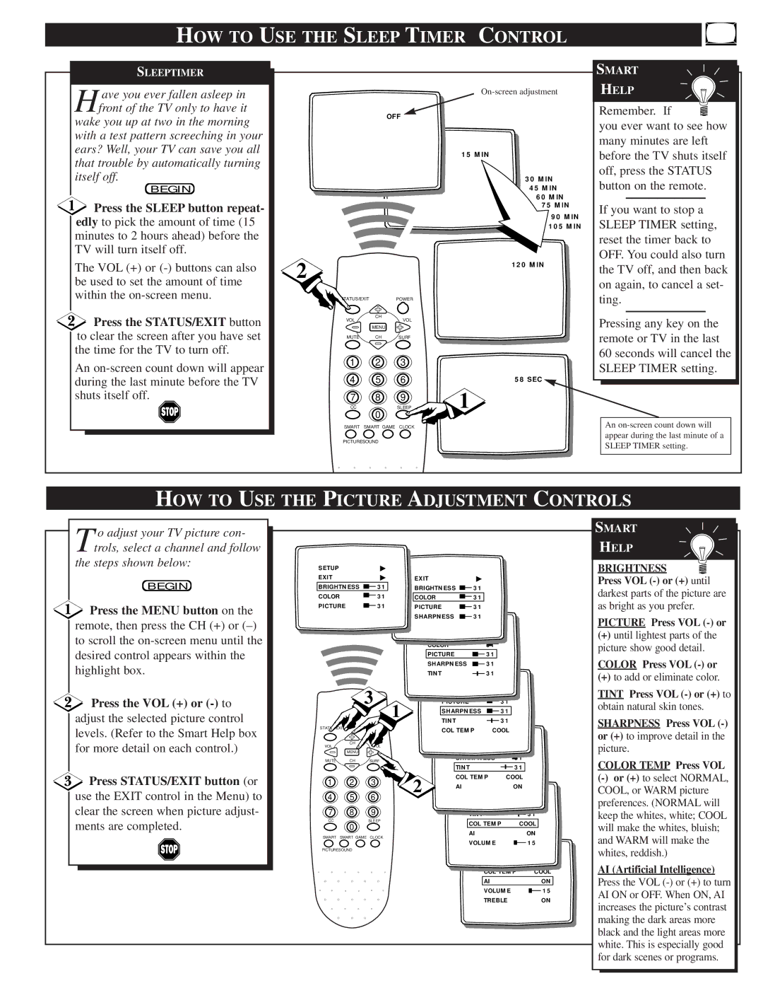 Philips PS 1964C warranty HOW to USE the Sleep Timer Control, HOW to USE the Picture Adjustment Controls 