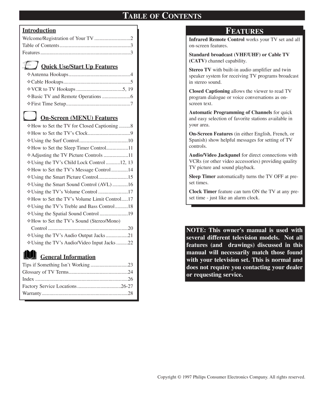 Philips PS 1964C warranty Table of Contents, Features 