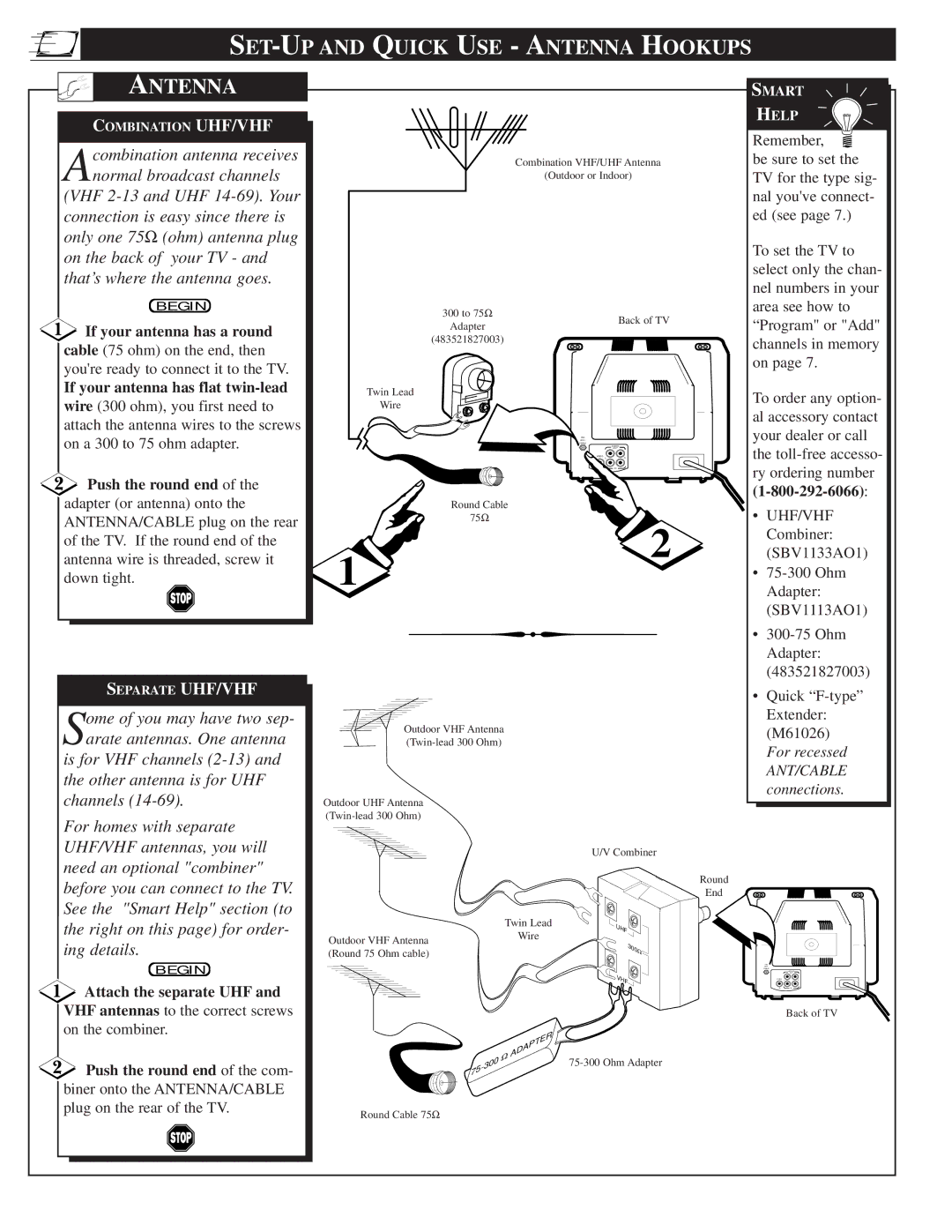 Philips PS 1964C SET-UP and Quick USE Antenna Hookups, If your antenna has a round, If your antenna has flat twin-lead 