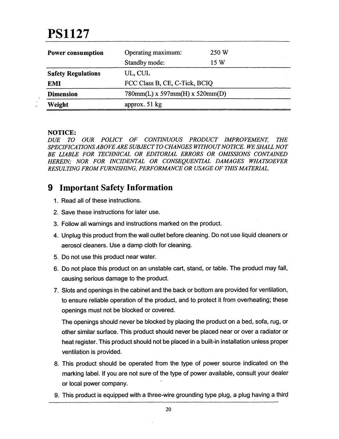 Philips PS1127 manual 