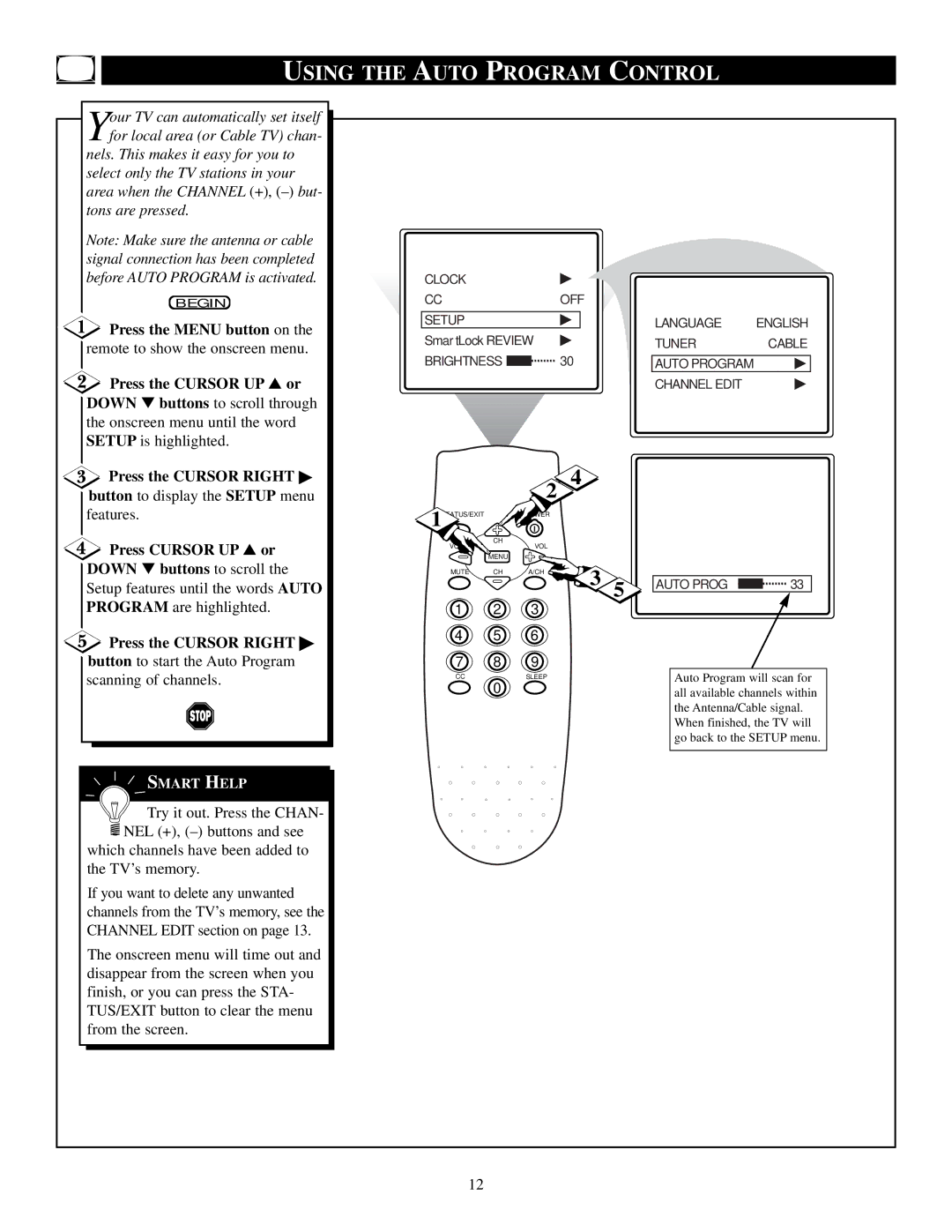 Philips PS1946C1 manual Using the Auto Program Control, Setup features until the words Auto Program are highlighted 